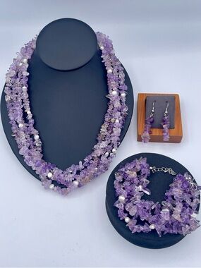 Natural Amethyst Chip Necklace Bracelet Earrings Set Gemstone Set Heavy 1038 ct